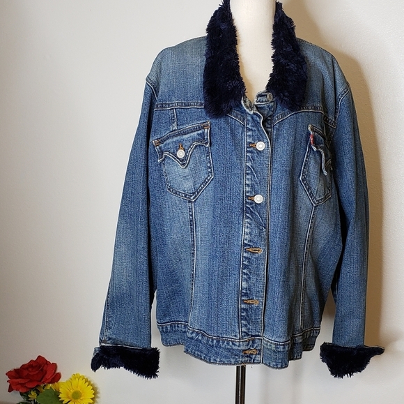 RARE! Authentic Vintage Levis NAVY Sherpa Trucker Denim Jean Quilted Jacket Fall - Picture 6 of 12